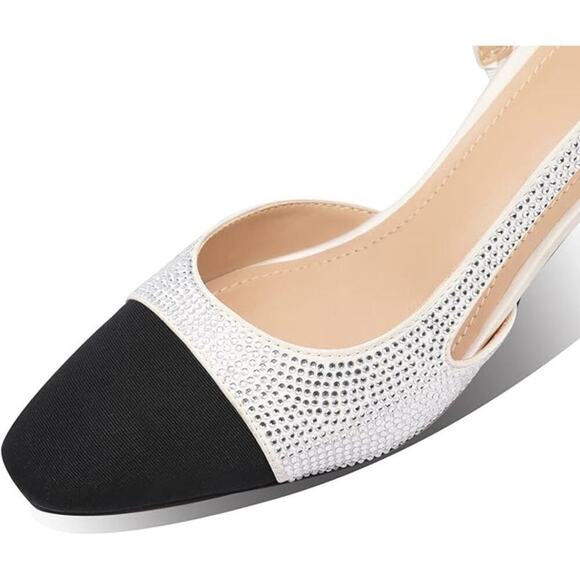 Women Slingback Pump Rhinestone Embellished Round Toe Chunky Heel Two Tone Pump - Picture 2 of 7